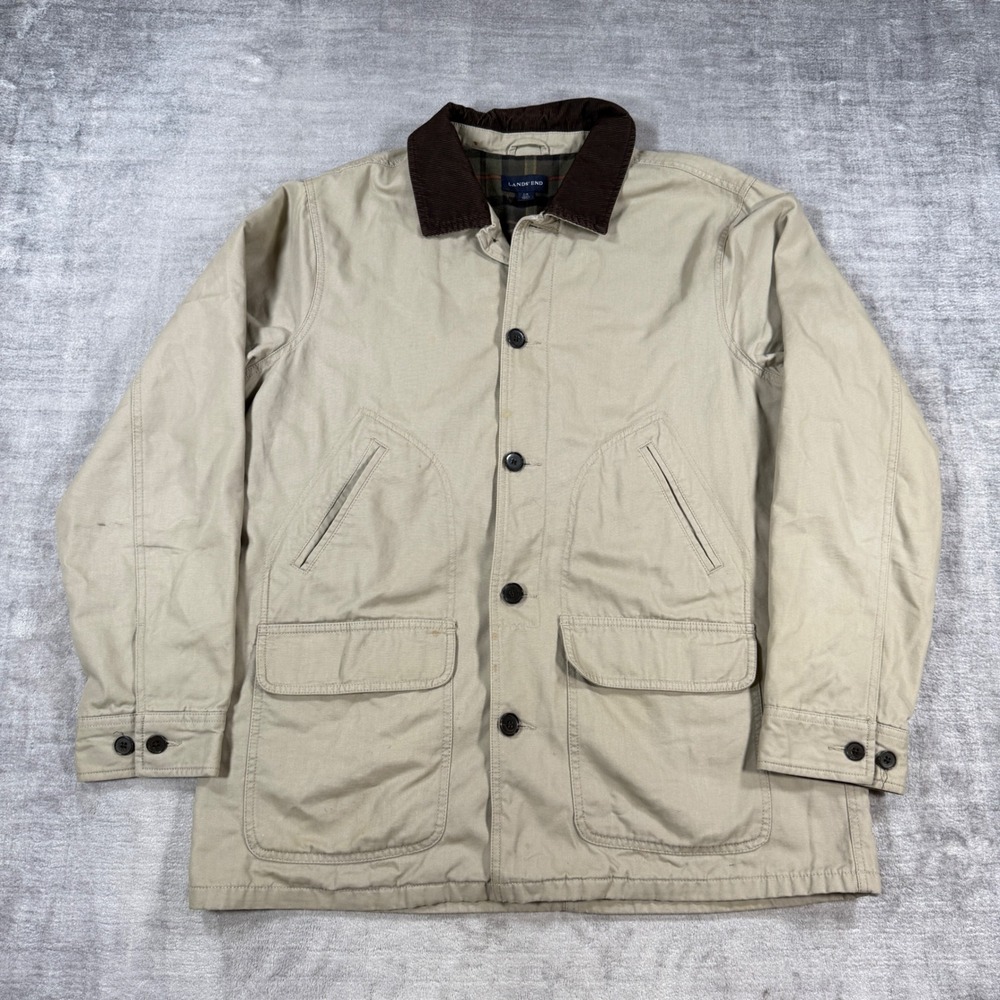 Lands End Jacket Mens Large Tan Barn Coat Flannel Lined Corduroy Field Hunting